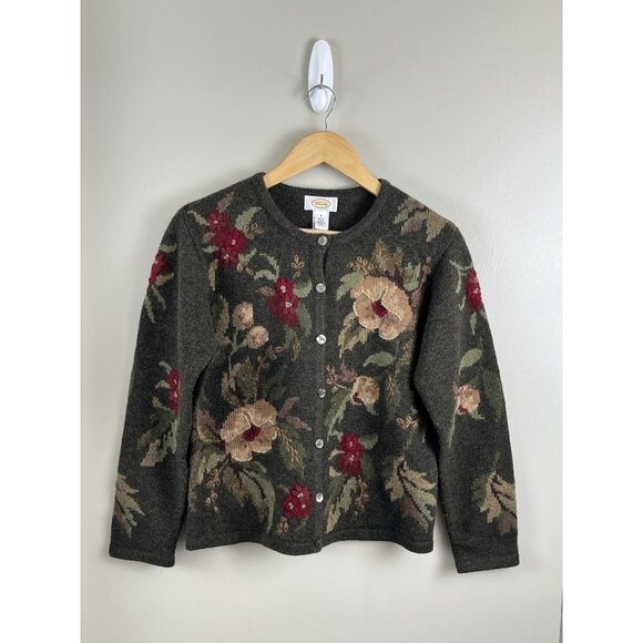 Talbots Women’s Button Up Lambswool Cardigan Floral Embroidery Sz 8 Holiday - Picture 1 of 12